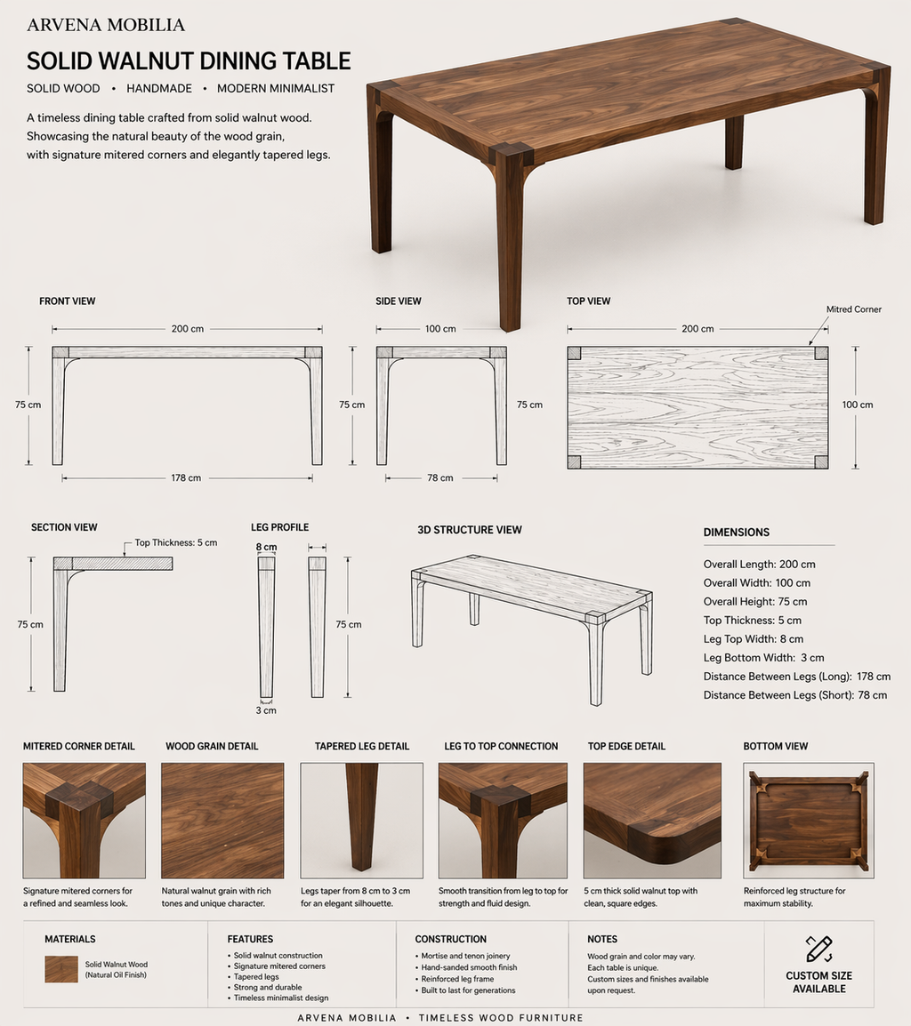 Walnut Dining Table: Solid Wood Minimalist Kitchen Table | Arvena Mobilia