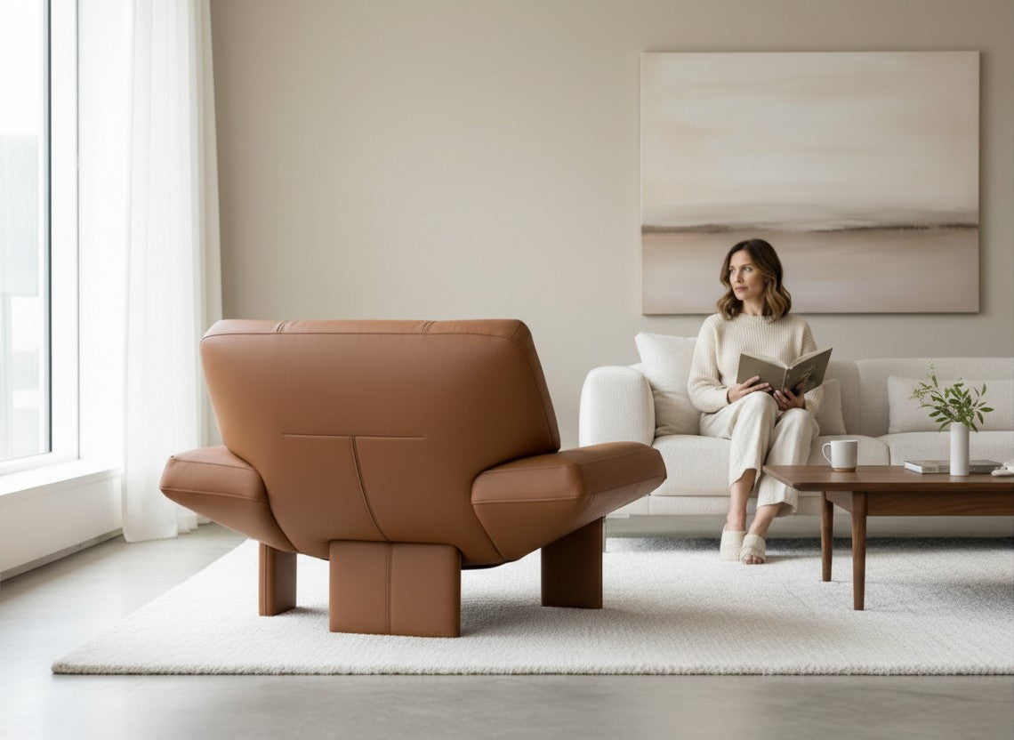 Modern Leather Lounge Chair – Handmade Wooden Base, Premium Comfort Accent Chair