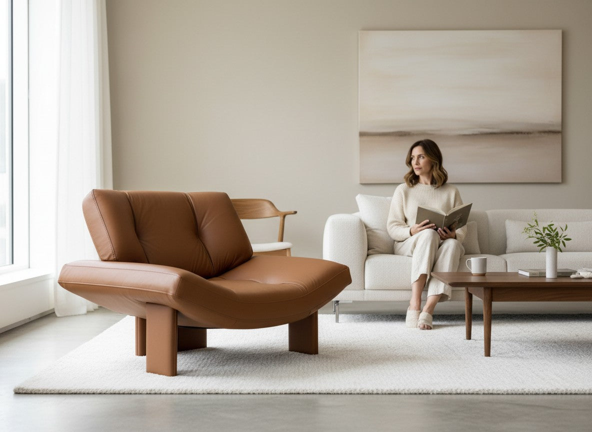 Modern Leather Lounge Chair – Handmade Wooden Base, Premium Comfort Accent Chair