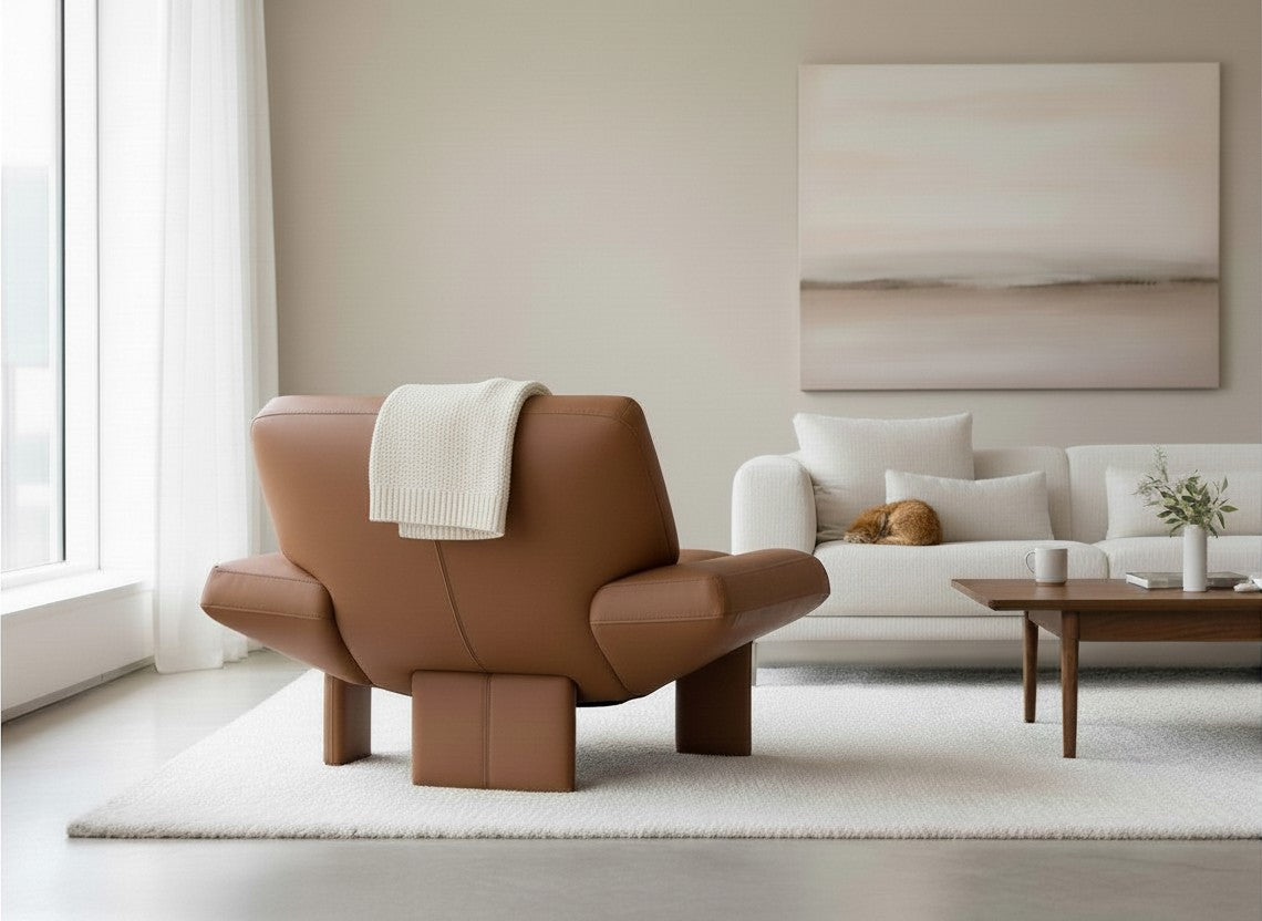 Modern Leather Lounge Chair – Handmade Wooden Base, Premium Comfort Accent Chair