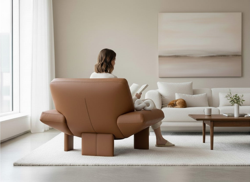 Modern Leather Lounge Chair – Handmade Wooden Base, Premium Comfort Accent Chair