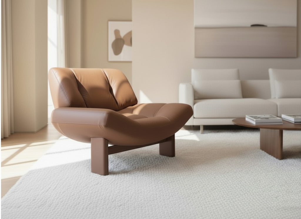 Modern Leather Lounge Chair – Handmade Wooden Base, Premium Comfort Accent Chair