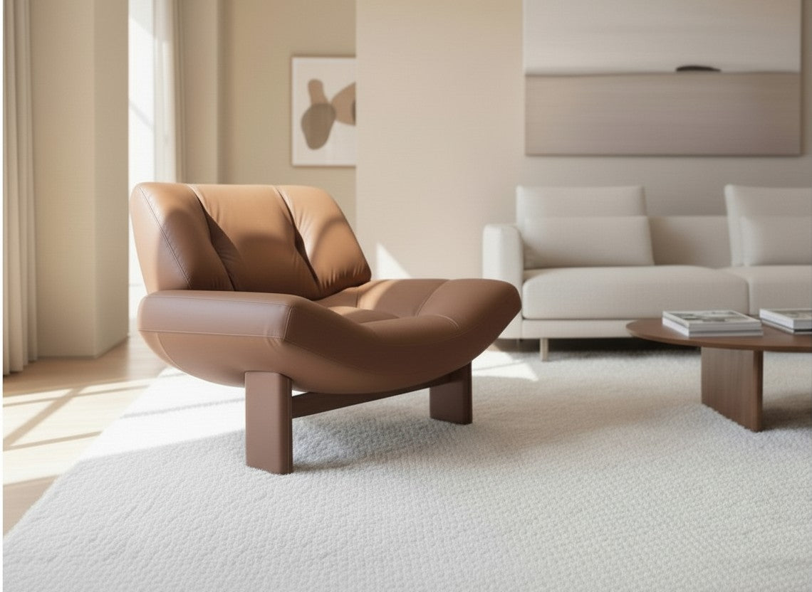 Modern Leather Lounge Chair – Handmade Wooden Base, Premium Comfort Accent Chair
