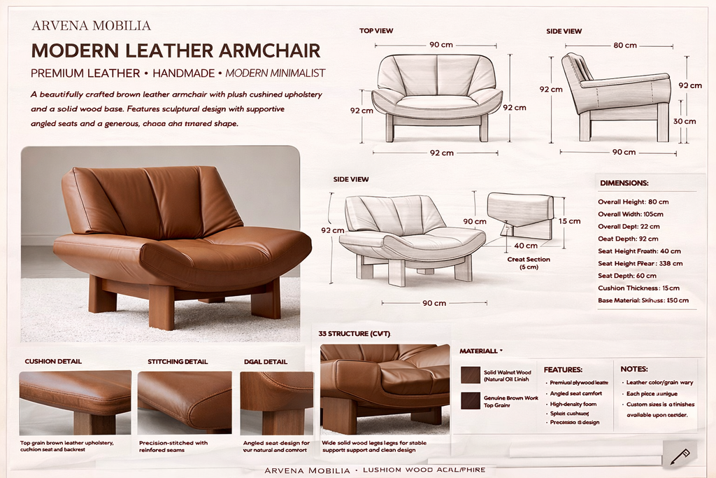 Modern Leather Lounge Chair – Handmade Wooden Base, Premium Comfort Accent Chair