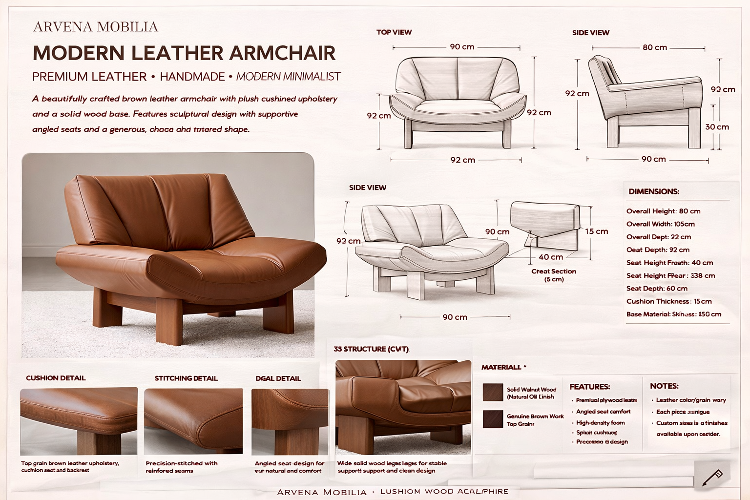 Modern Leather Lounge Chair – Handmade Wooden Base, Premium Comfort Accent Chair